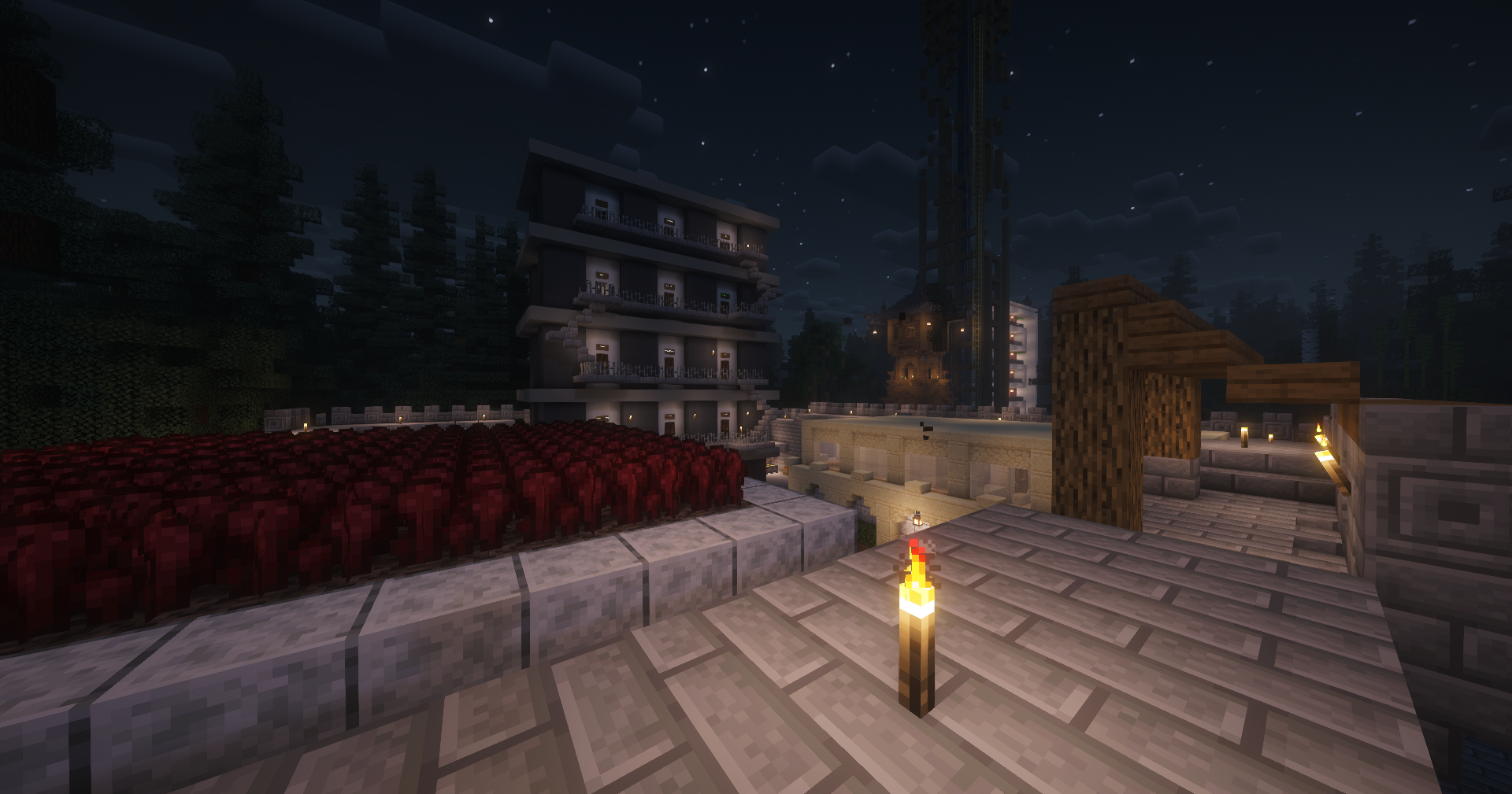 Asama at night, with buildings and a torch-lit square.