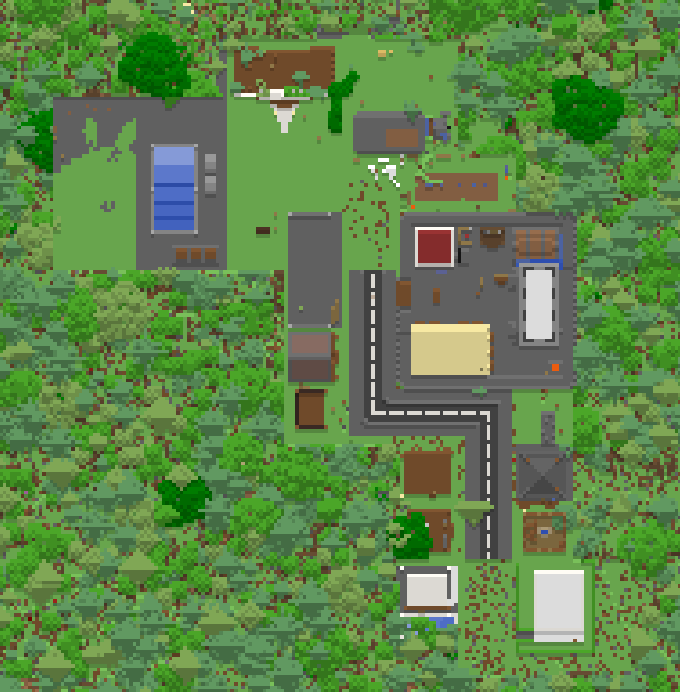 Top-down map of Asama showing its roads, buildings, and surrounding forest.